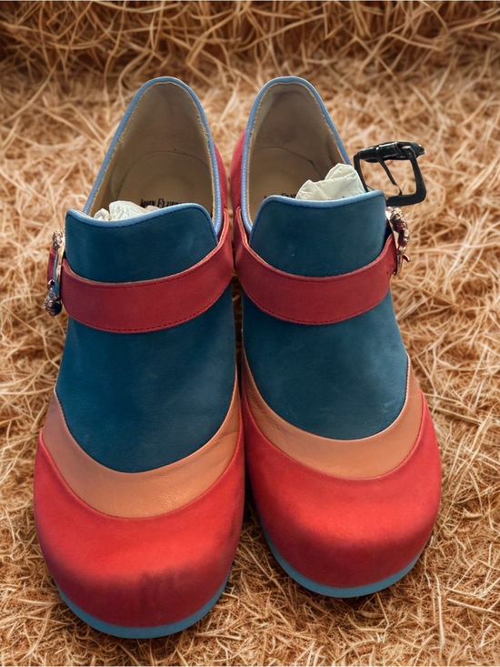 John Fluevog Shoes - John Fluevog Blue and Red Suede Block Heel Loafers with Rose Gold Buckle